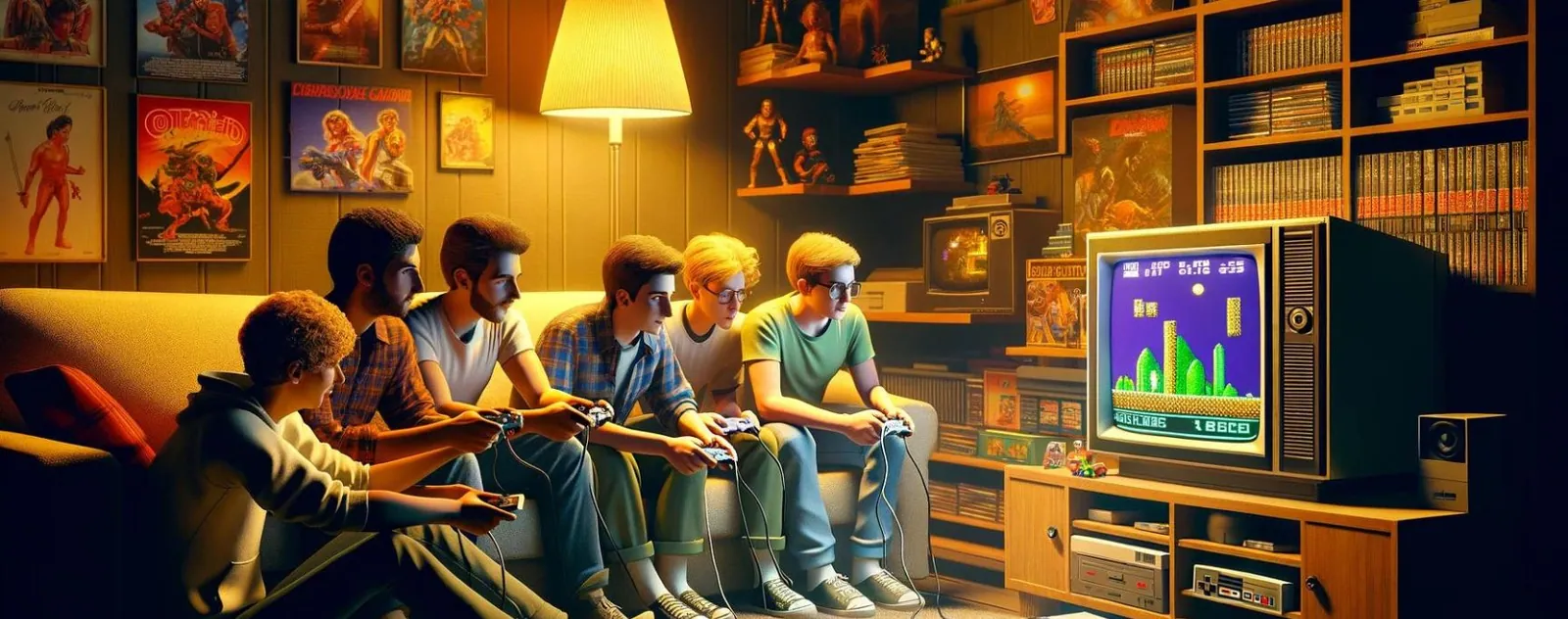 amis jouant au retrogaming