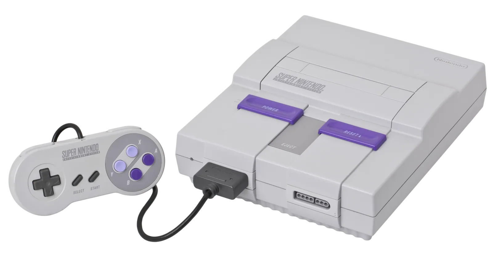 Console Super Nintendo (SNES) avec sa manette, vue de face